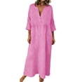 thumbnail image 3 of Babcutegg Women’s Solid Color Linen Blend Casual Dress – Loose Fit V-Neck Three-Quarter Sleeve Summer Dress Pink Size S, 3 of 9