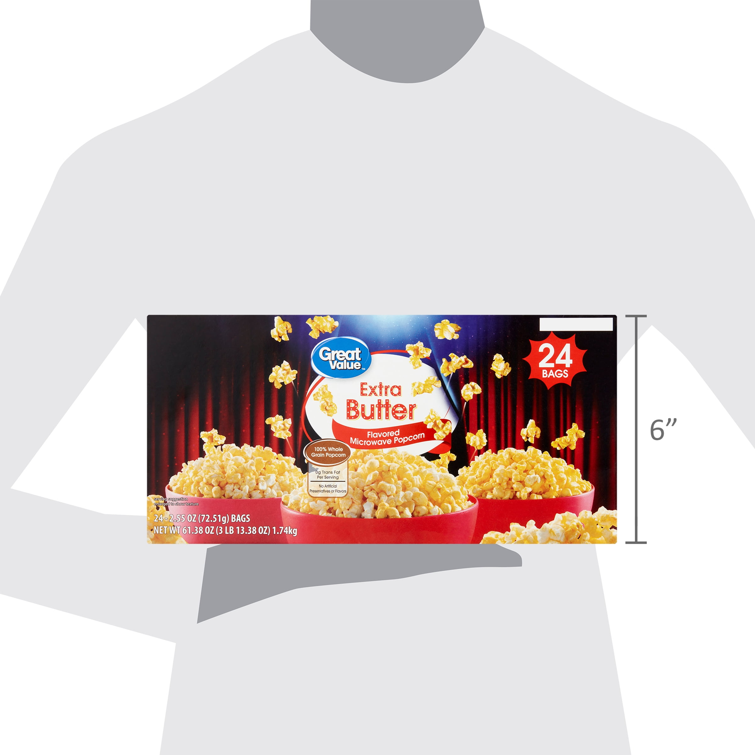 Great Value Extra Butter Microwave Popcorn, 2.55 oz, 24 Count