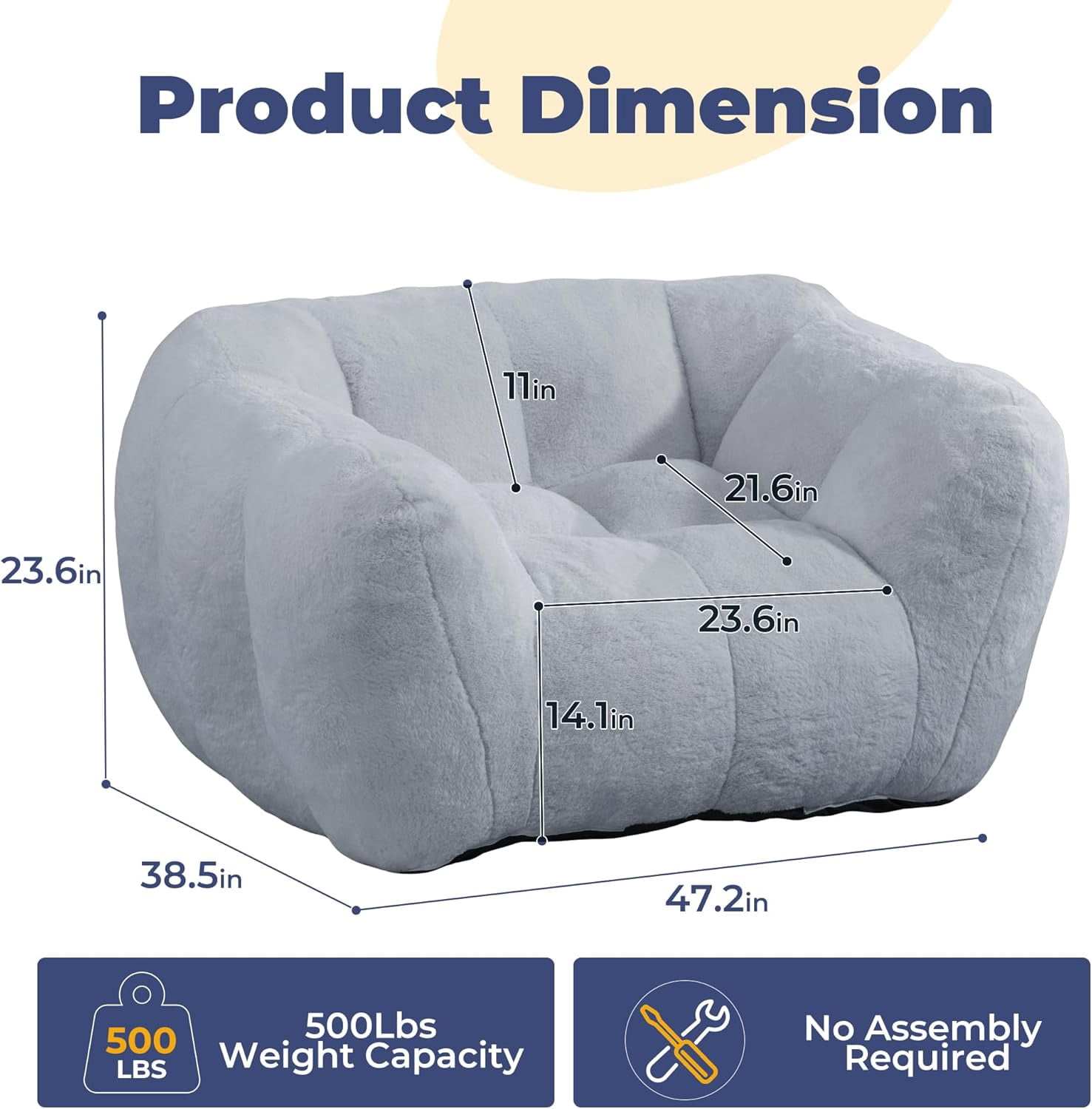 Giant Plush Cloud Bean Bag Chair for Adults, Cozy Comfy Reading Floor Sofa for Bedroom or Living Room, Grey