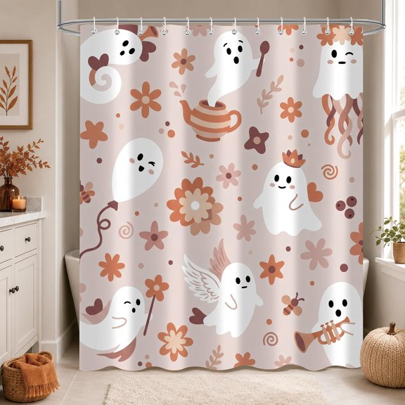 Cute Halloween Ghost Shower Curtain Boho Fall Floral Bath Decor with Hooks 71x71 Inches