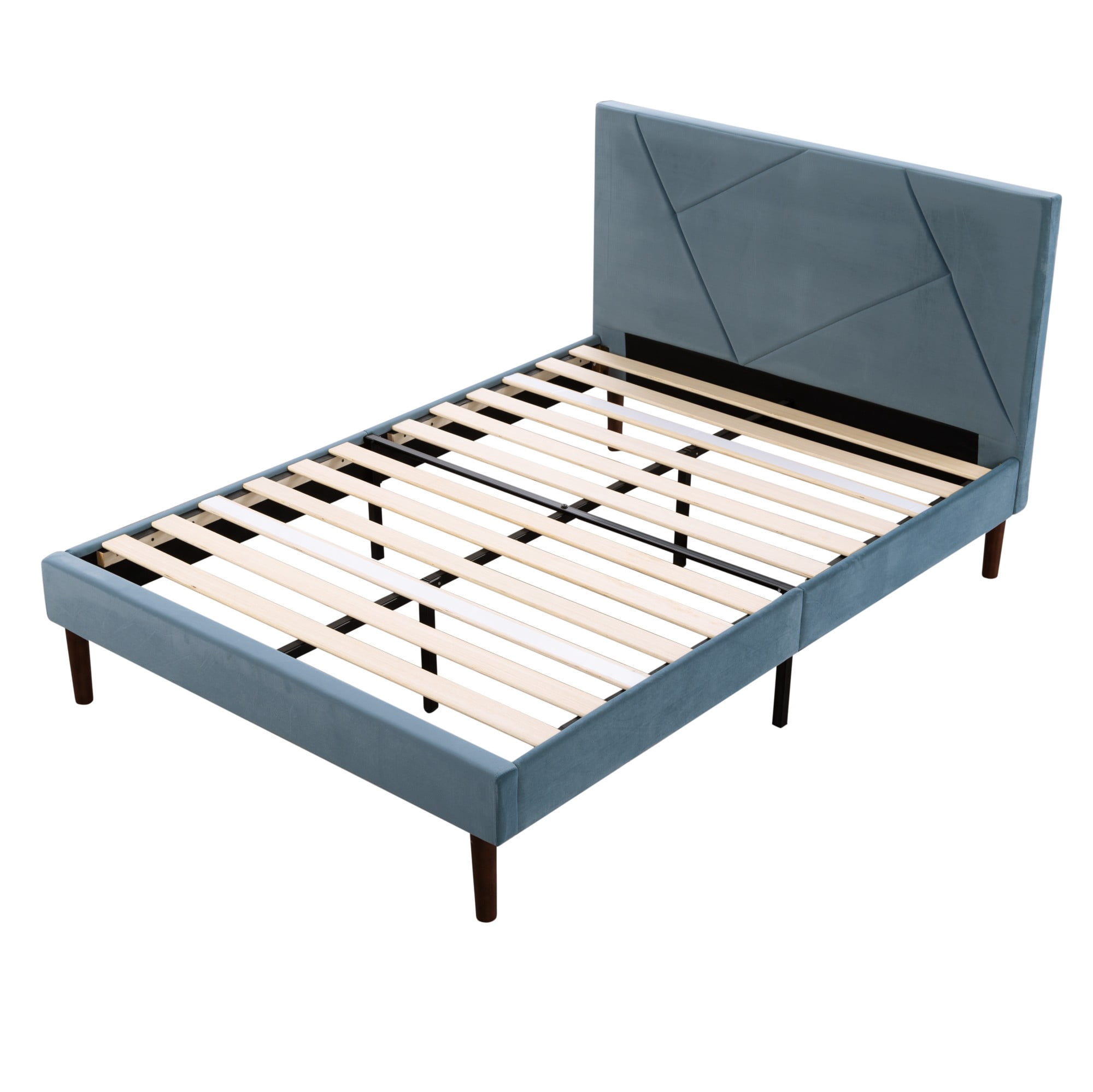 Gewnee Full Size Velvet Upholstered Platform Bed Frame with Tufted Headboard & Wood Slats, Blue for Bedroom