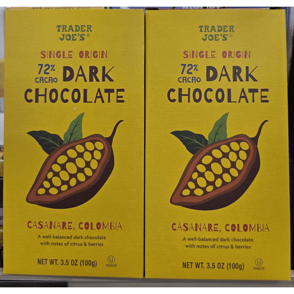 Trader Joe's Single Origin 72 Percent Cacao Dark Chocolate Casanare Colombia 3.5oz 100g (2 Bars)