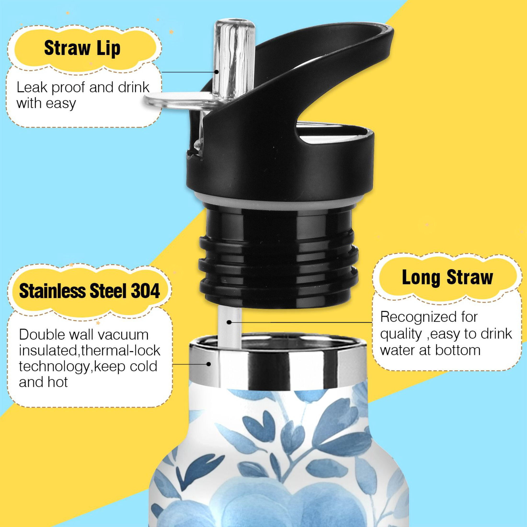 600ML Stainless Steel Insulated Cup Sports Water Bottle Portable Thermos Cup Water Glasses Insulated Tumblers Convenient and Durable Cartoon Blue Flower