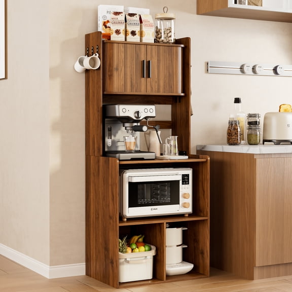 Diubas Microwave Stand Bakers Rack Cabinet, Freestanding 5-Tier Kitchen Shelves with 6 Hooks and Cable Hole, Utility Storage Shelf, Coffee Bar for Dining Living Room, Walnut