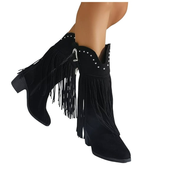 Fall Fringe Wide Calf Cowgirl Boots for Women Black Suede Studded Pointed Toe Chunky High Heel Mid Calf Cowboy Dress Booties