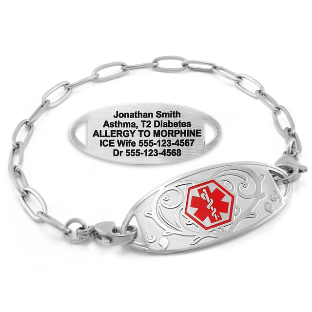 MedicEngraved Bracelet d'Alerte Médicale Personnalisé en Acier Inoxydable - Maillon Trombone 4 mm