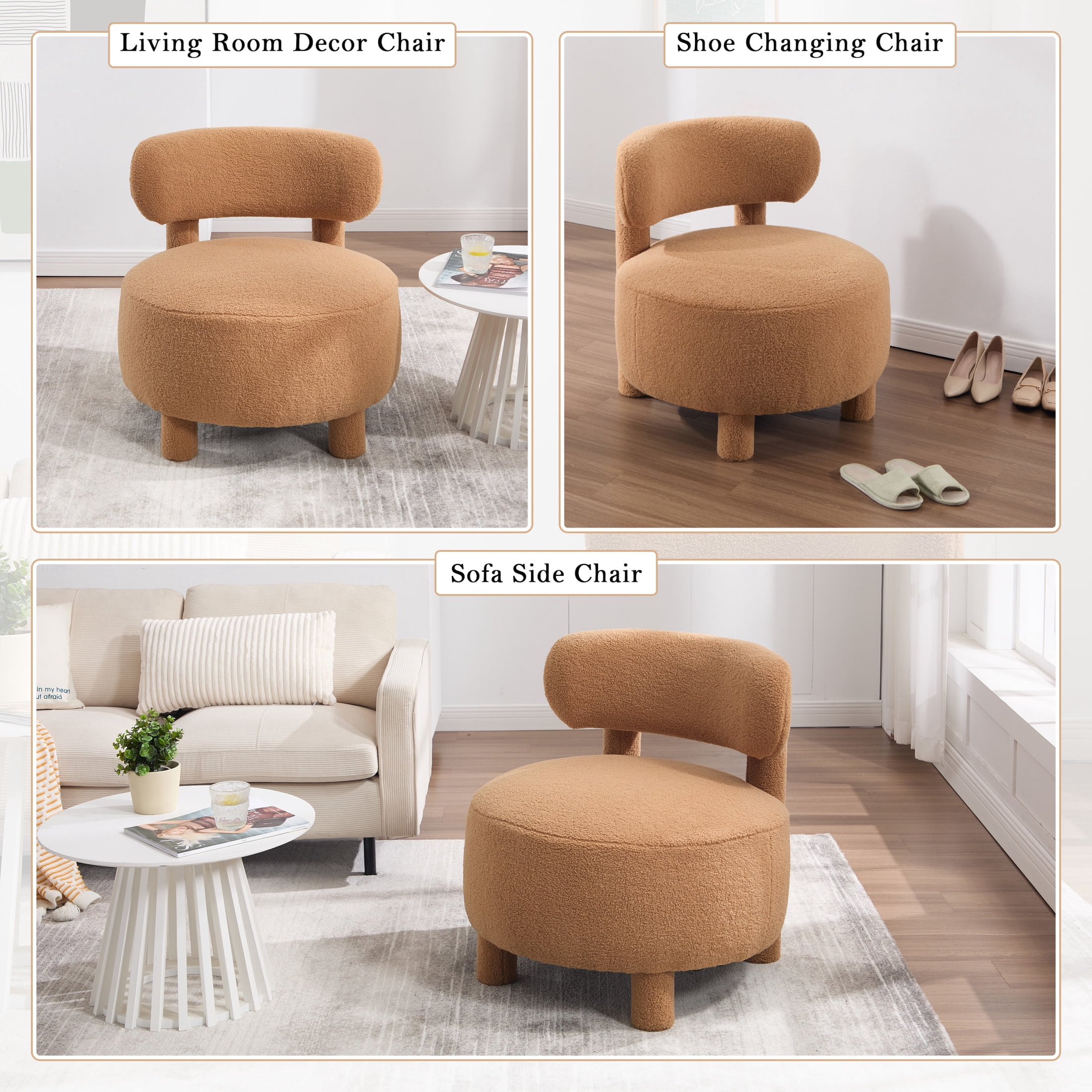 Noble House Dorell Teddy Upholstered Dining Chair, Wooden Frame Reading Side Chair with Curved Backrest, Khaki