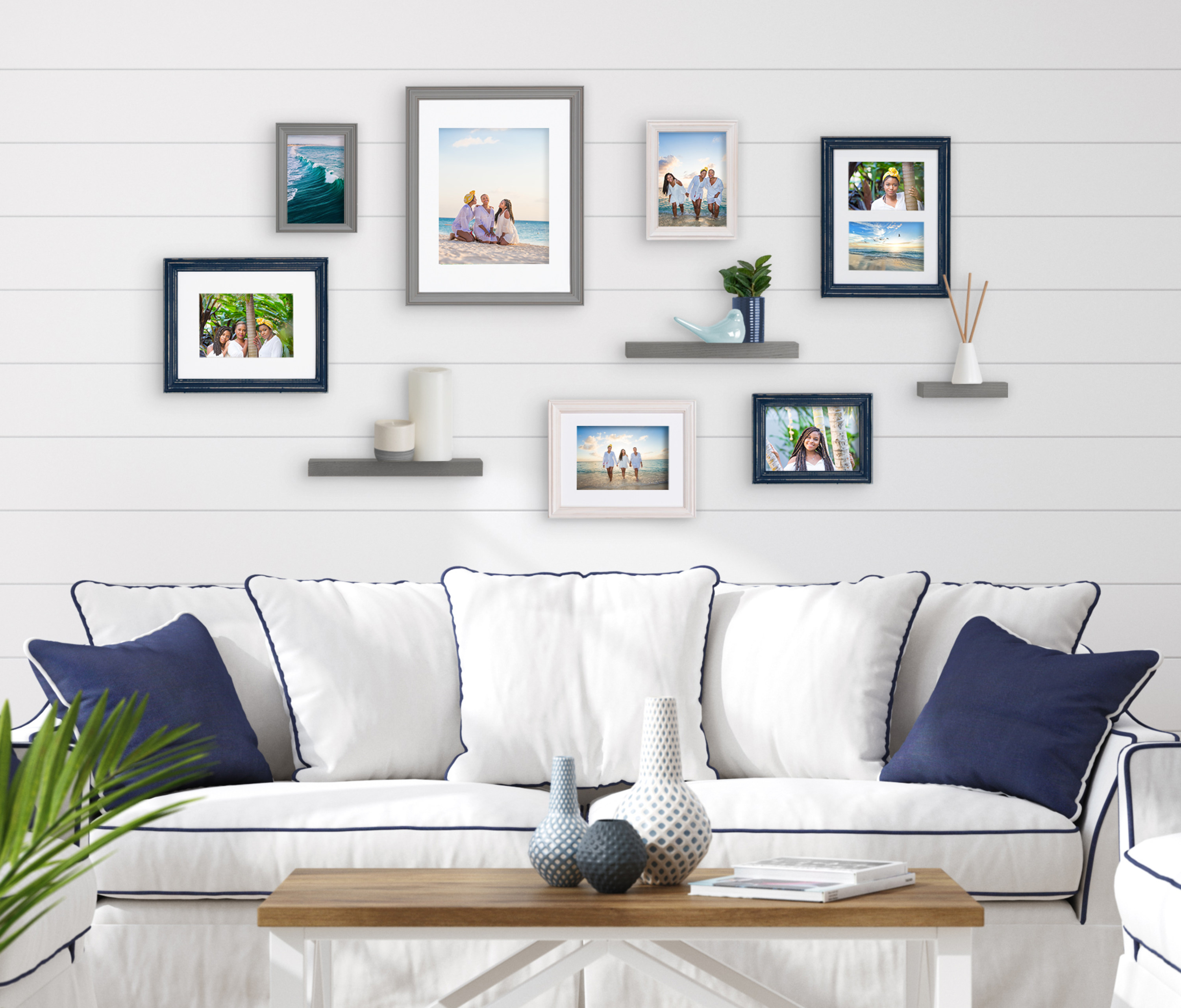 Kate and Laurel Bordeaux Gallery Wall Frame and Shelf Kit, Set of 10, Multiple Coastal Finishes, Assorted Size Frames and Three Display Shelves