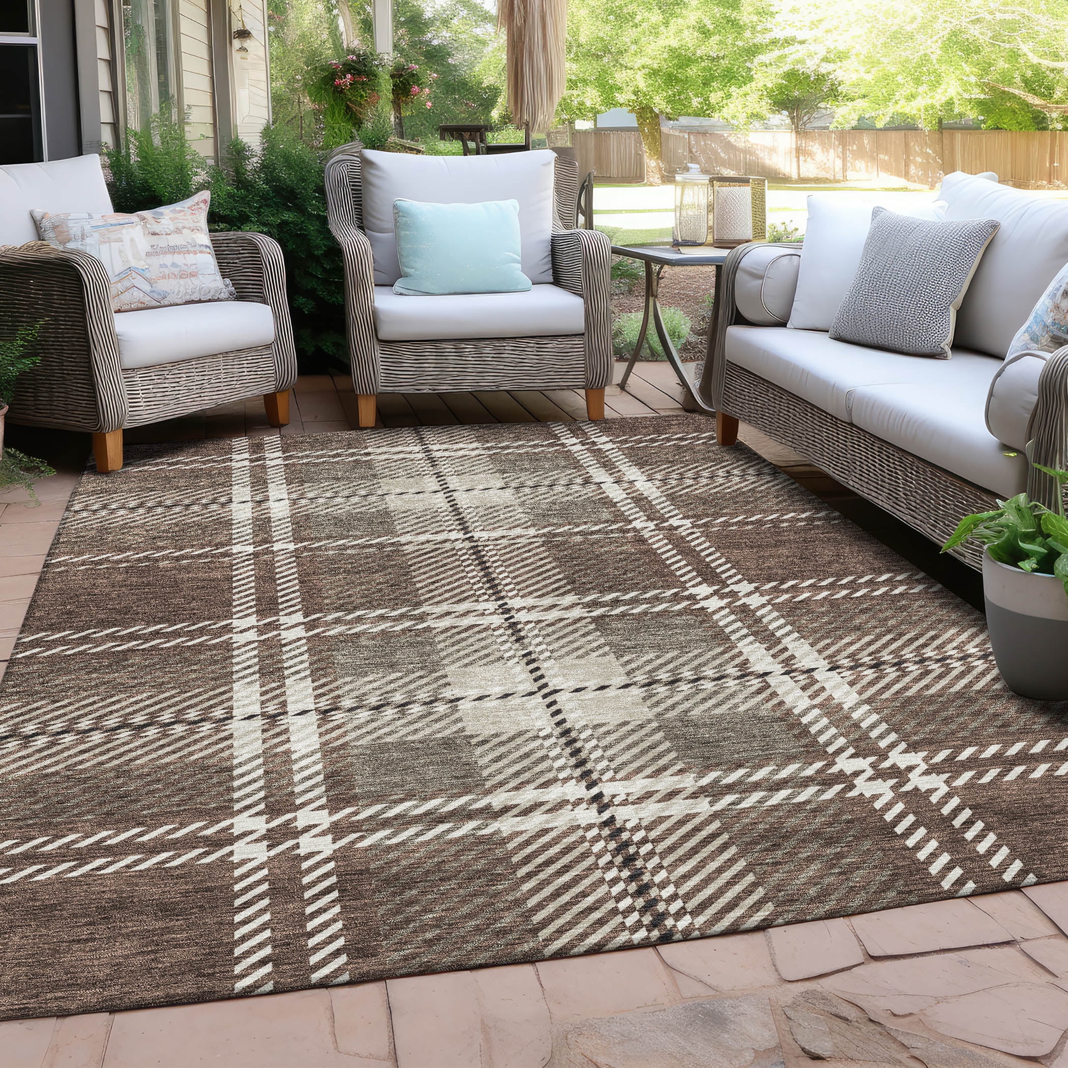 Addison Rugs Chantille Indoor/Outdoor Transitional Plaid Brown Washable Rectangle Rug, 10' x 14'