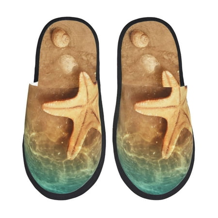 Balery Starfish And Seashell 1 Slient Indoor Furry Fleece Comfort House Shoes Soft Non-Slip Home Shoes Cotton slippers House Slippers-- Large