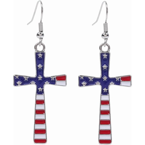 JustMe American Flag Cross Dangle Drop Earrings, Patriotic USA Star Stripe Enamel Cross Hook Earrings for 4th of July Independence Day