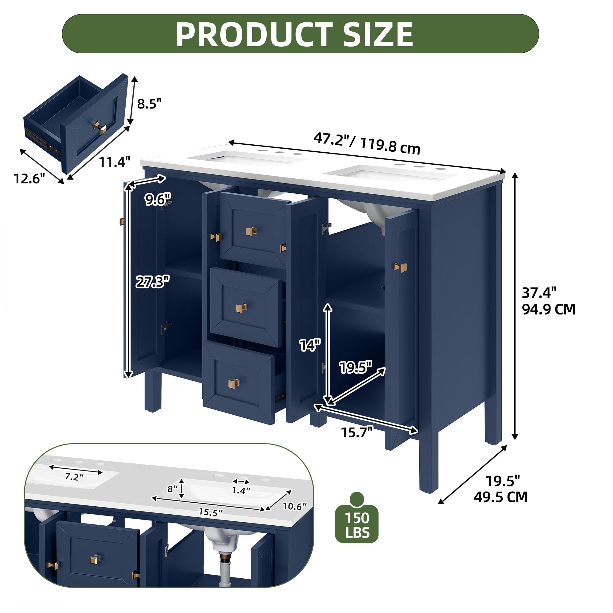 Uforic 47 Inch Bathroom Vanity with Double Sink, Retro Style, Sintered Stone Countertop, 4 Doors & 3 Drawers, 6 Pre-drilled Faucet Holes, Blue