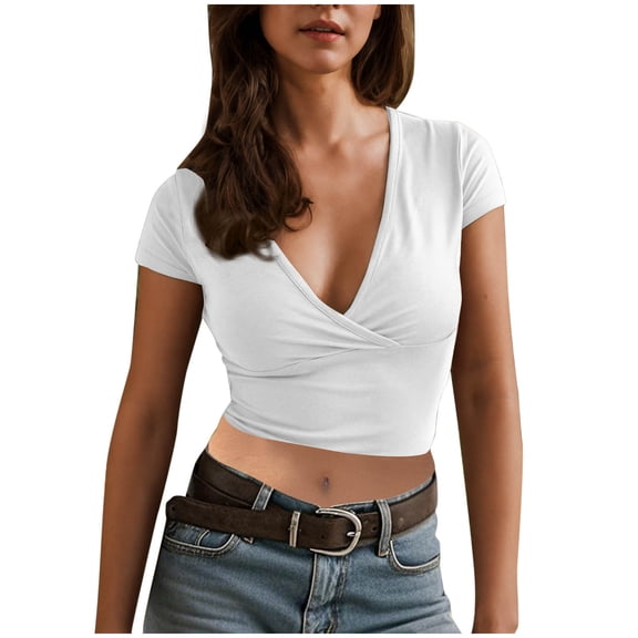Timegard Going out Tops for Women Deep V Neck Ruched Cropped Slim Comfy Short Sleeve Tee Casual Summer