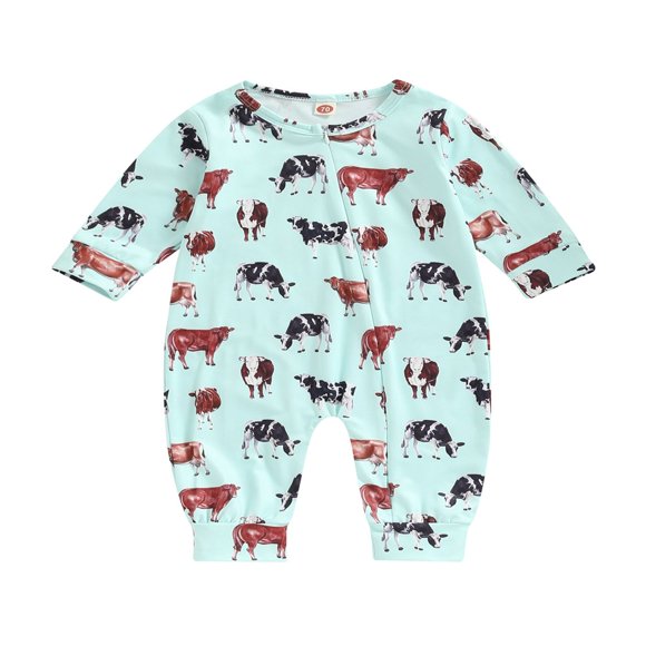 Western Baby Girl Clothes Cow Print Long Sleeve Romper Jumpsuit Zip Up Onesie Bodysuit Headband Pink 0-3 Months