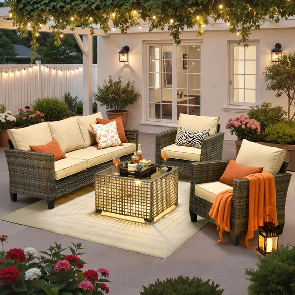 Ovios 4 Pieces Outdoor Patio Furniture Set with Lighted Coffee Table All-Weather Wicker Rattan Conversation Sofa Set, Gray