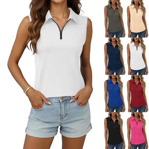 Byworldtasic Women's Summer Sleeveless Tank Tops Zipper V Neck Dressy Casual Blouses Loose Business Polo Shirts