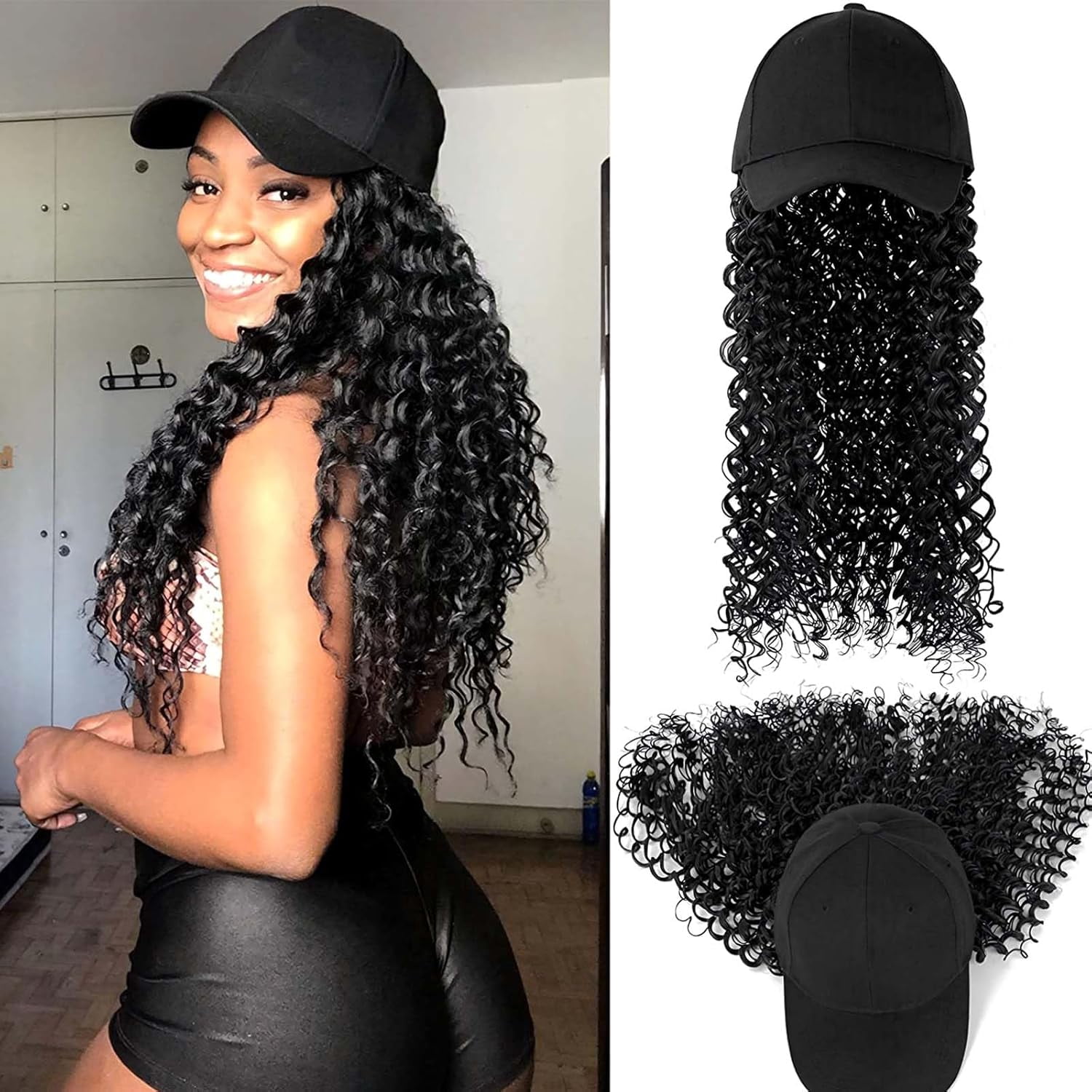 YEKEYI Headband Wig Human Hair Wigs Baseball cap Wig Curly Deep Wave Headband Wig Hat Wigs (Black hat Long Lbrown wig)