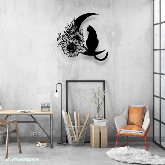 Craftnamesign Floral Cat on The Moon Metal Wall Art LED Light, Floral Moon Cat Sign Home Decor