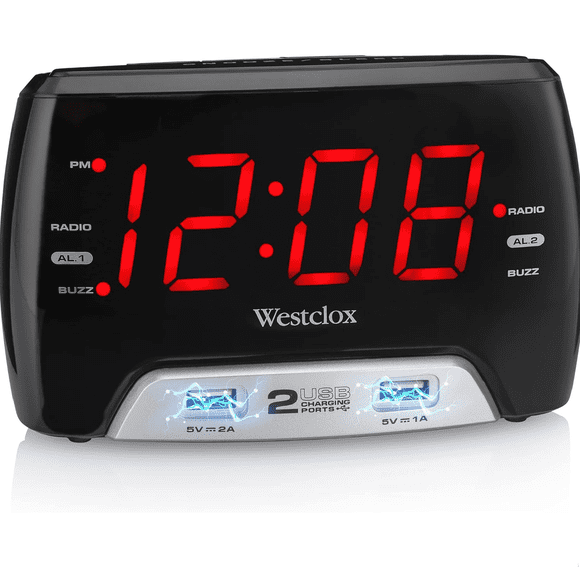Westclox 80227WM Radio-Réveil Numérique FM à LED Rouge 1.4 de Base Remis à Neuf avec 2 Ports de Charge USB et Charge Rapide pour Chambre, Maison Ou Bureau
