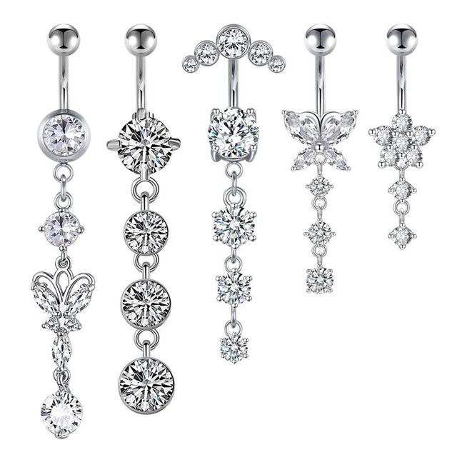 Juego de 5 piercings de metal hipoalergénicos para el ombligo, con elegante diseño de mariposa, ideales para uso diario, fiestas y festivales.