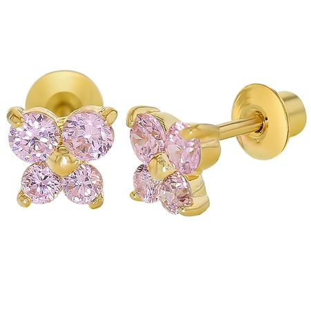 18k screw plated butterfly earrings crystal children pink gold yellow baby