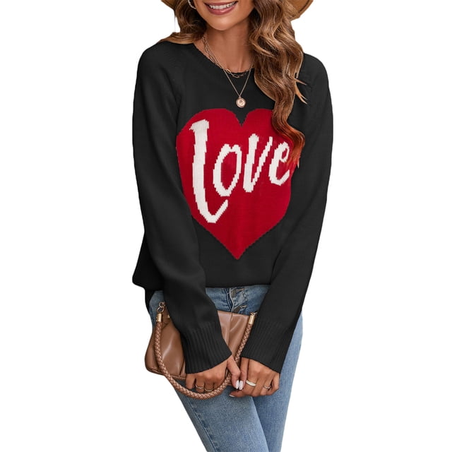 Mialoley Chandail Ample en Tricot pour Femmes de la Saint-Valentin, Imprimé Cœur Lettre Manches Longues Col Rond Fin