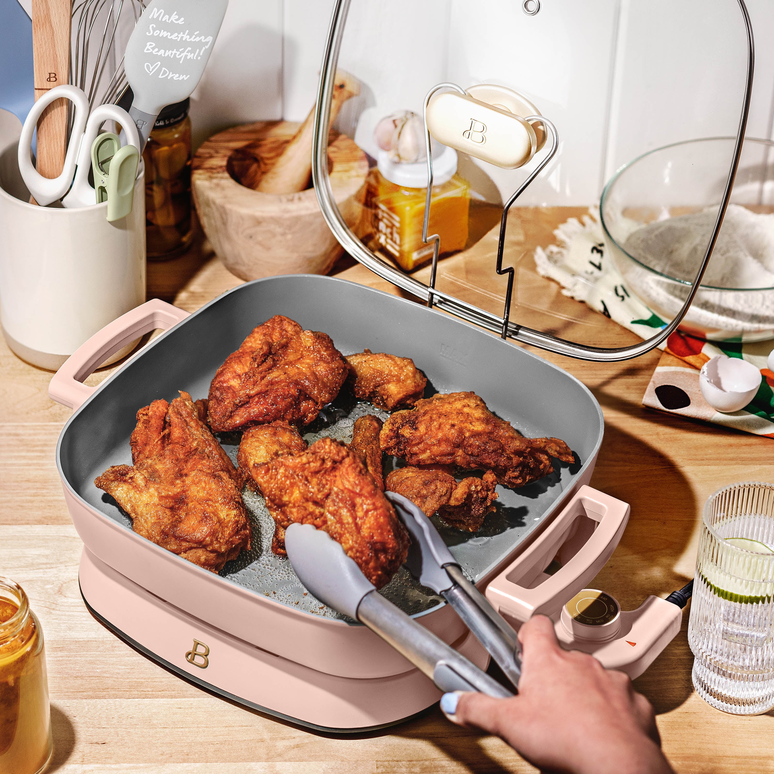 Beautiful 5 in 1 Electric Skillet - Expandable up to 7 Qt with Glass Lid, Rose by Drew Barrymore
