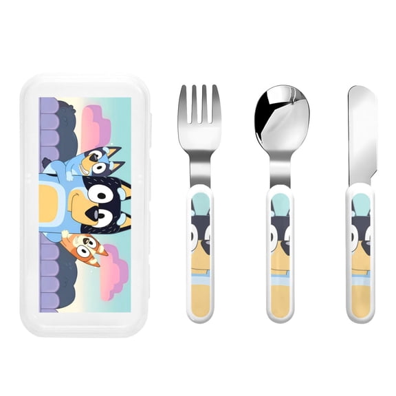Silaia Bluey Print Children's Knife, Fork & Spoon Set,Stainless Steel Toddler Kids Utensils,Travel Cutlery Set,Portable Spoon Knife Fork Spoon Lunch Box Utensil Set