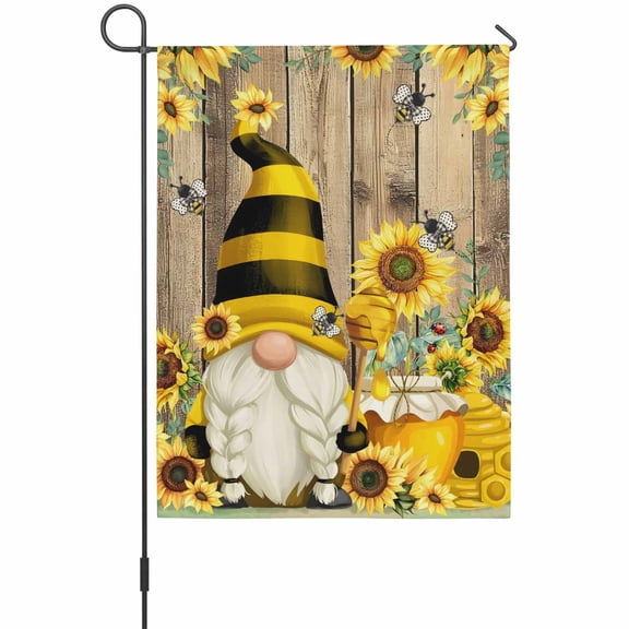 Farmhouse Rustic Garden Flags For Outdoor, Gnome Sunflower Bee Retro Wood Grain Small Double Side Yard Flags Weather Proof Garden Decor for Lawn Outside Holiday 12 x 18 Inches