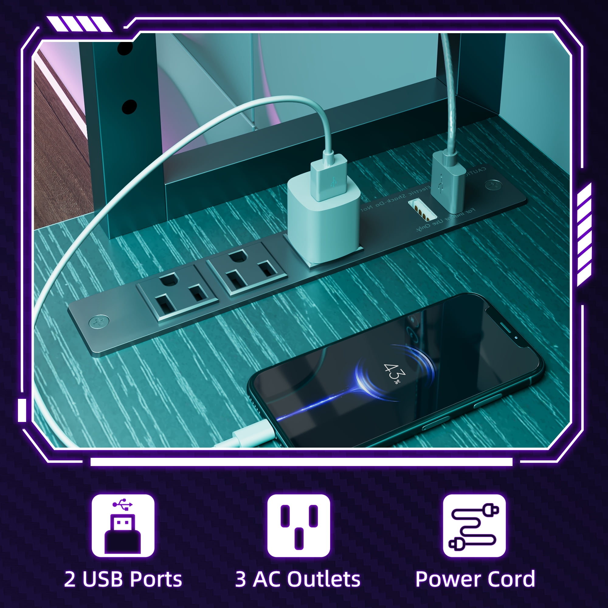 43 Inch L-Shaped Office Desk with Power Outlets, Gaming Desk with LED Lights for Home Office, Corner Computer Desk with Hutch, Black