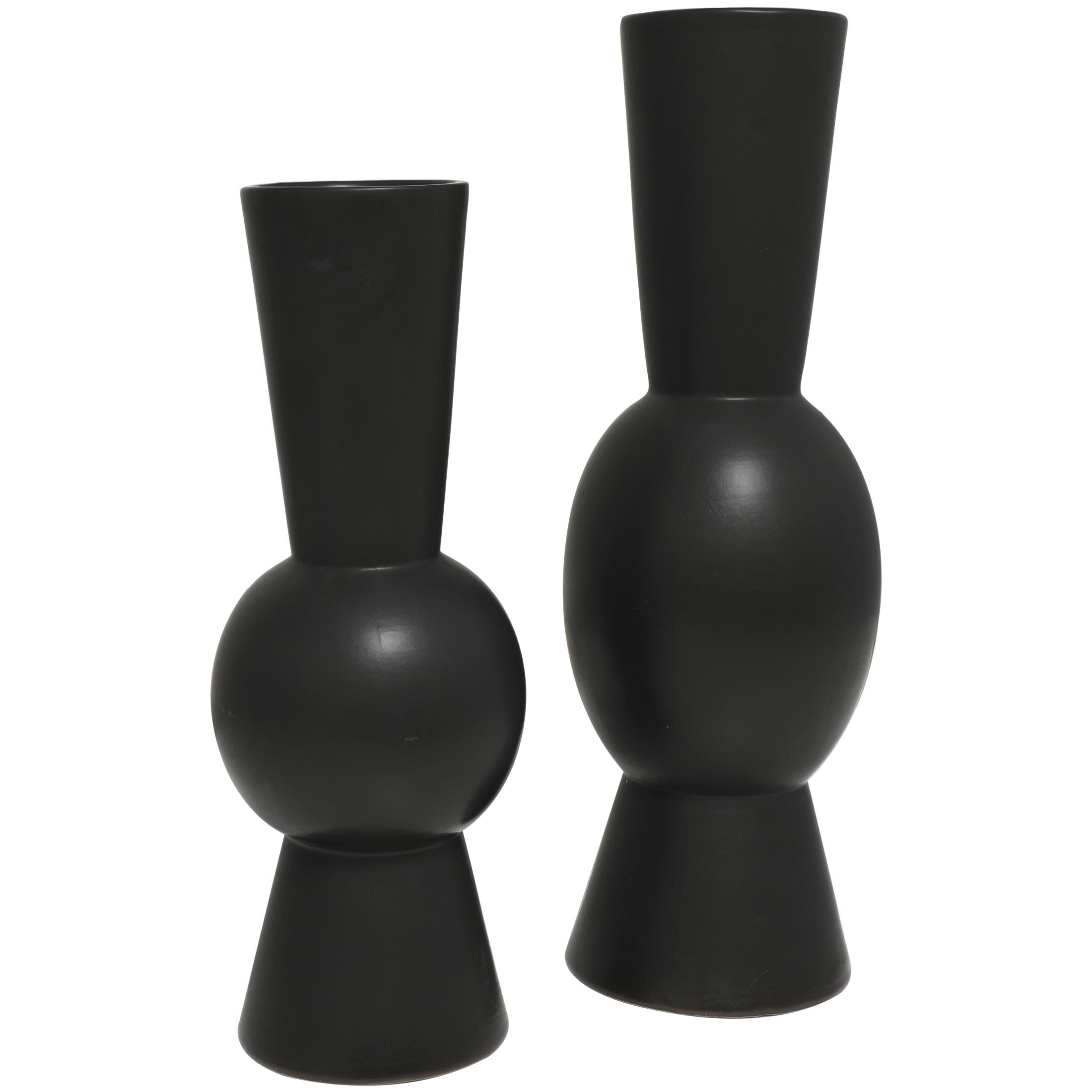 DecMode 24", 20"H Abstract Fluted Round Black Ceramic Vase, Set of 2