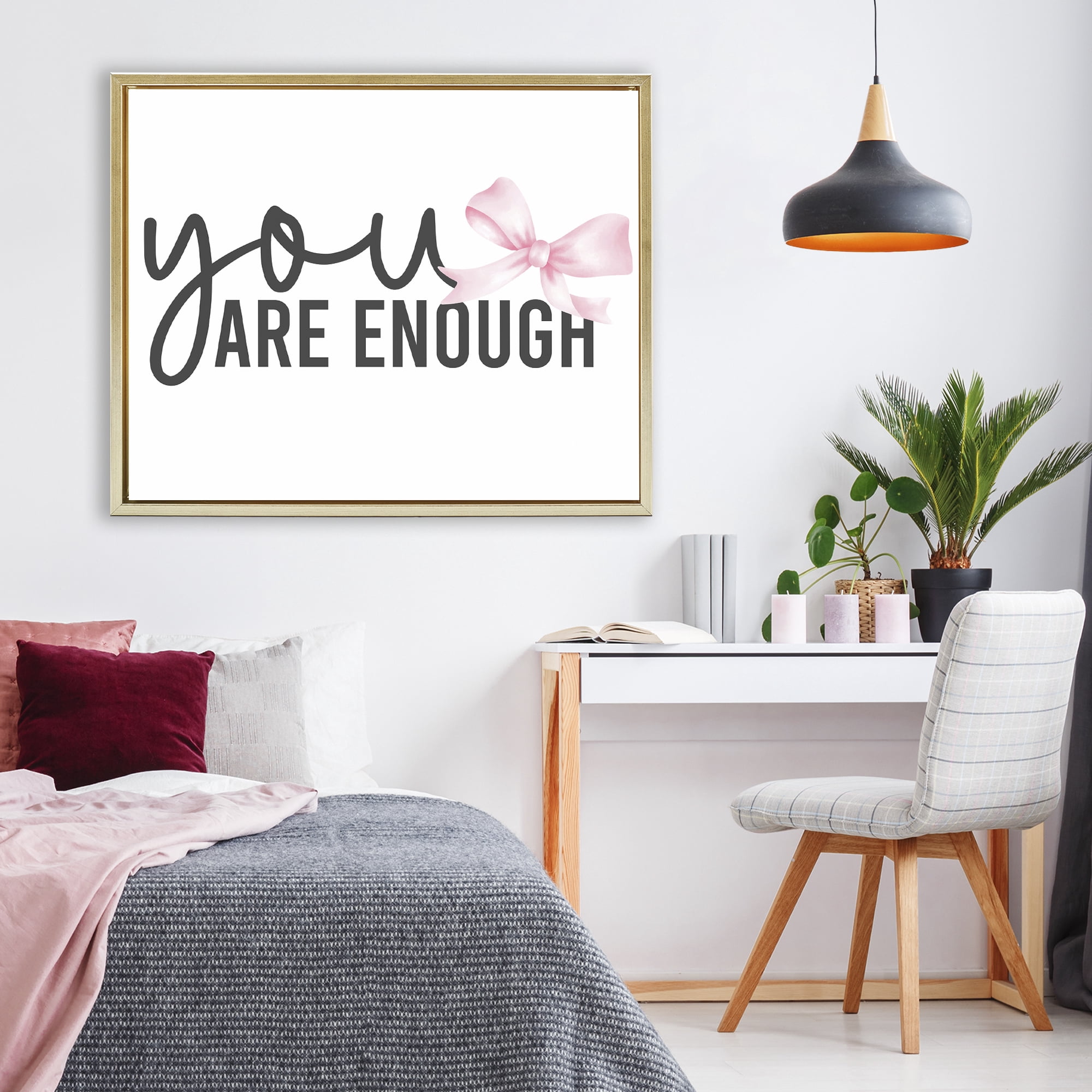 Stupell Industries You Are Enough with Ribbon Gold Framed Floater Canvas Wall Art, design by Kim Allen