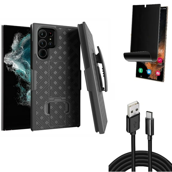 10ft USB Cable & Privacy Screen Protector & Case Belt Clip for Samsung Galaxy S22 Ultra (6.8") - Combo Type-C Charger Cord Power & TPU Film (Fingerprint) Anti-Peep & Holster Swivel Cover