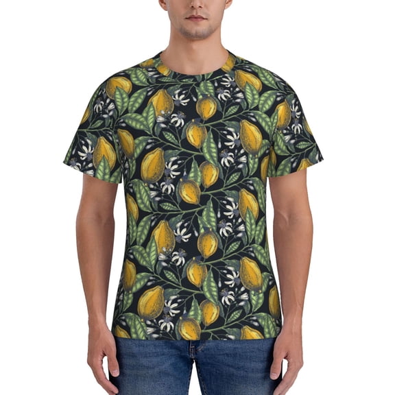 Vsdgher Citrus Fruits Elegant Lemons Print Men's Dry Fit Mesh Athletic Shirts Moisture Wicking Tennis T-Shirt Tops