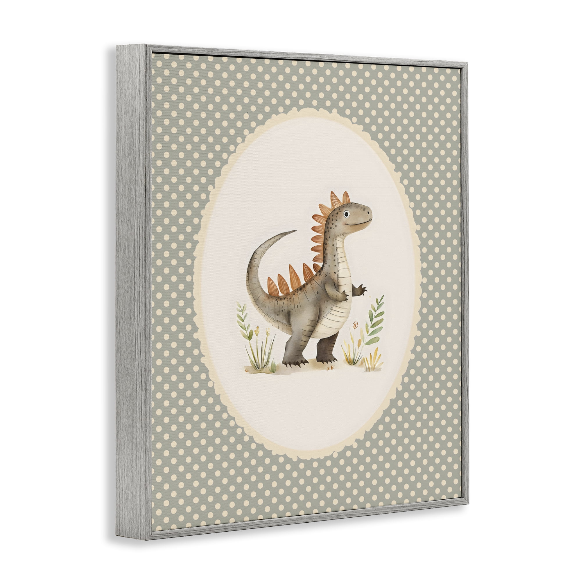 Stupell Industries Watercolor Dinosaur Polka Dot Border Gray Framed Giclee Art, design by LSR Design Studio