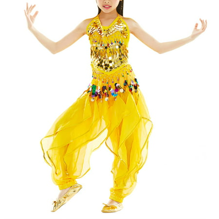 BellyLady Kid Belly Dance Costume, Harem Pants & Halter Top For Halloween-Yellow-L