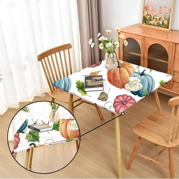 Thanksgiving Tablecloth Fitted Table Cloths with Elastic:Washable Outdoor Spandex Patio Table Cover for Holiday Blue Pumpins 34 x 34 Inch Square