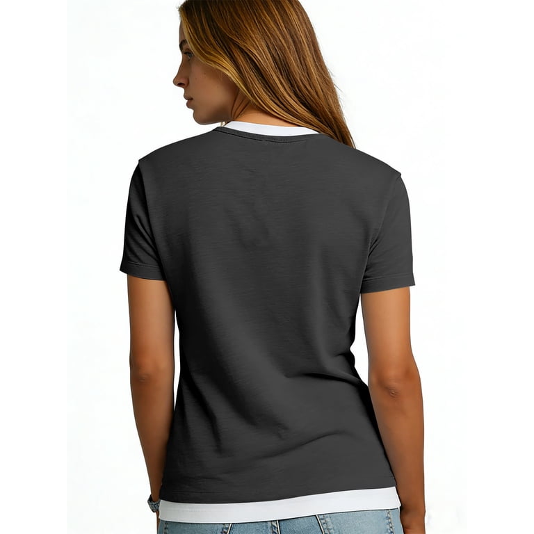トップス layered henley tee dark gray 00s grunge ManxiVoo Women's Fashion Short Sleeve Layered Look Henley T-Shirt