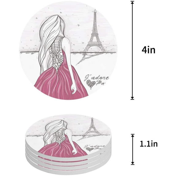 FMSHPON Paris France Decor Eiffel Tower Set of 6 Round Coaster for Drinks, Absorbent Ceramic Stone Coasters Cup Mat with Cork Base for Home Kitchen Room Coffee Table Bar Decor