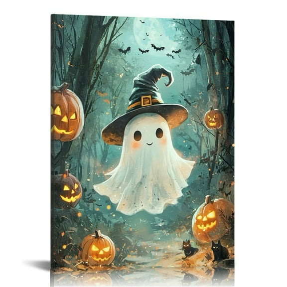 Vintage Halloween Ghost and Pumpkin Canvas Wall Art Painting,Gothic Print Pictures for Home Wall Decor Horror Creepy Dark Posters for Living Room Home Halloween Party Decor Framed