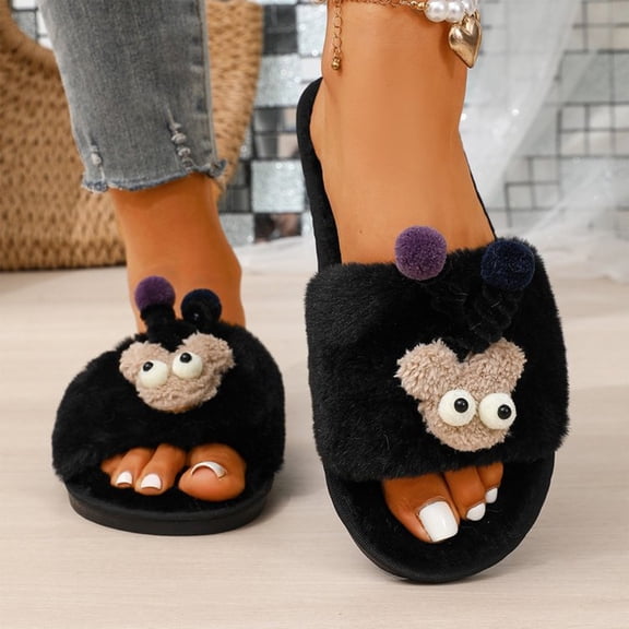 Willtoo Womens Cute Cartoon Open Toe Fuzzy Slippers Fluffy Plush Indoor House Slides Cozy Warm Non Slip Soft Sole Casual Home Slippers