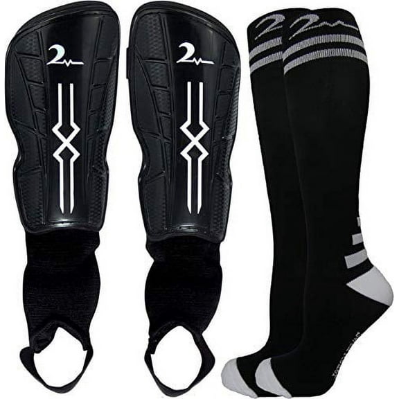 Combination Set Kids Soccer Shin Guards with Adjustable Straps & 1 Pair Matching Compression Sock for Maximum Performance. Fits Ages 4-7. Black