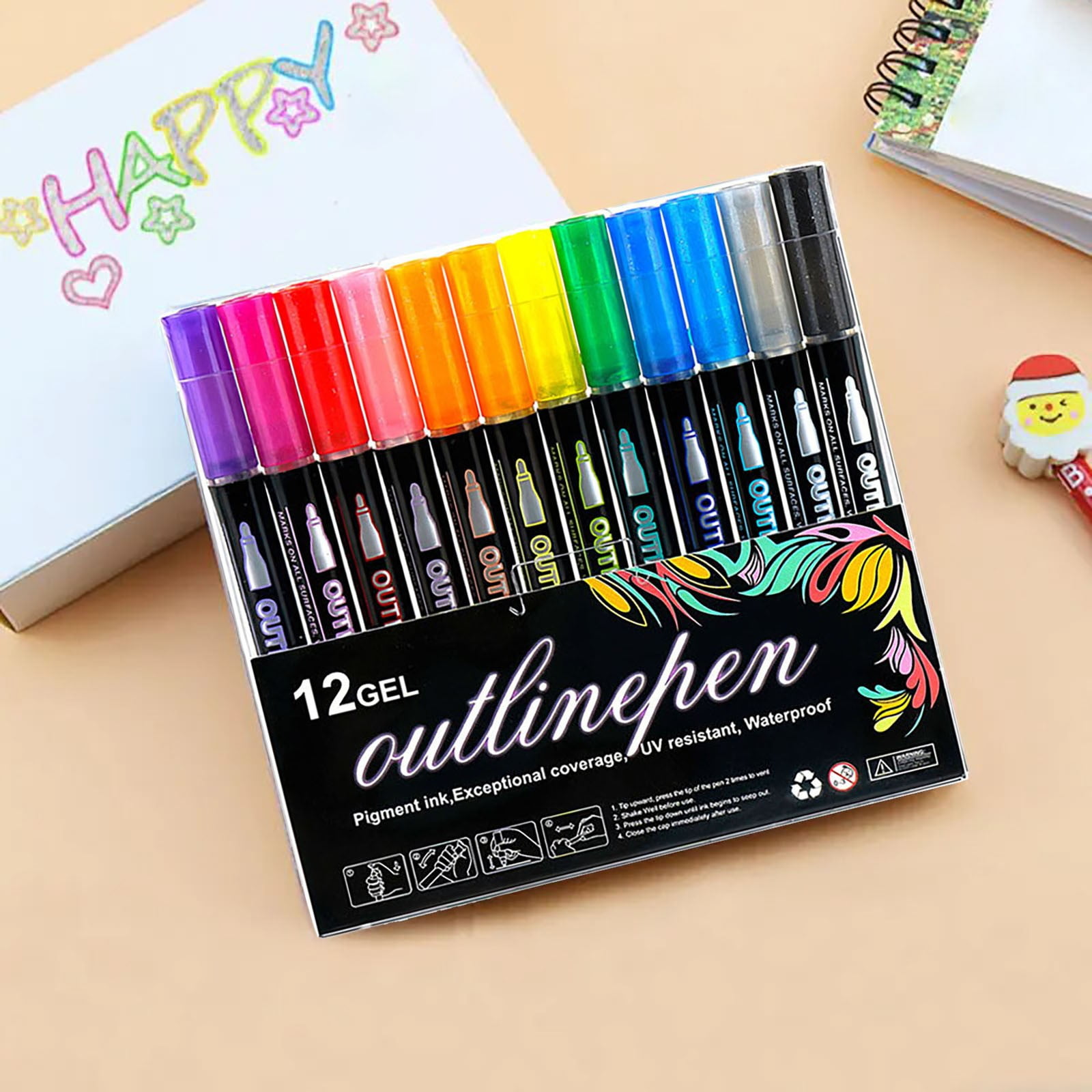 BNNG Double Line Outline Pens, 24 Colors Self-Outline Metallic Markers Glitter Writing Drawing Pens for Christmas Card Writing, Birthday Greeting, DIY Art Crafts, Scrap Booking