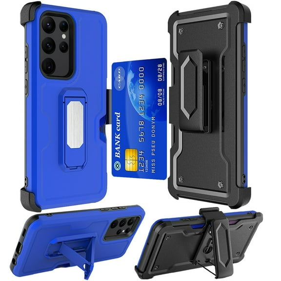 Ultra Rugged Hybrid Kickstand Case with Card Slot and Belt Clip Holster for Samsung Galaxy S23 Ultra - Blue