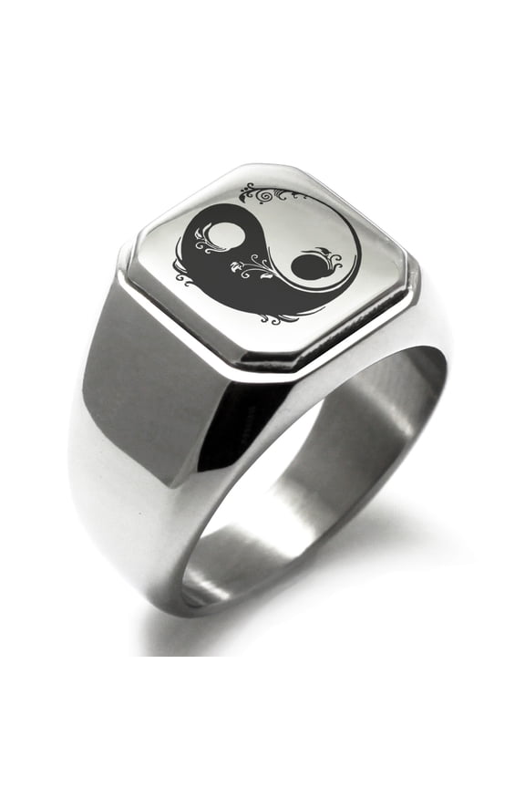Stainless Steel Floral Yin Yang Engraved Square Flat Top Biker Style Polished Signet Ring