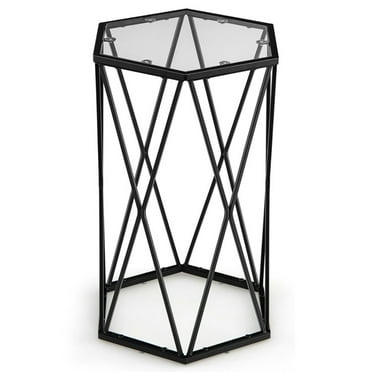 Spaco Hexagonal Accent End Table with Tempered Glass Top and Metal Frame, Small Side Table, End Table for Bedroom Living Room