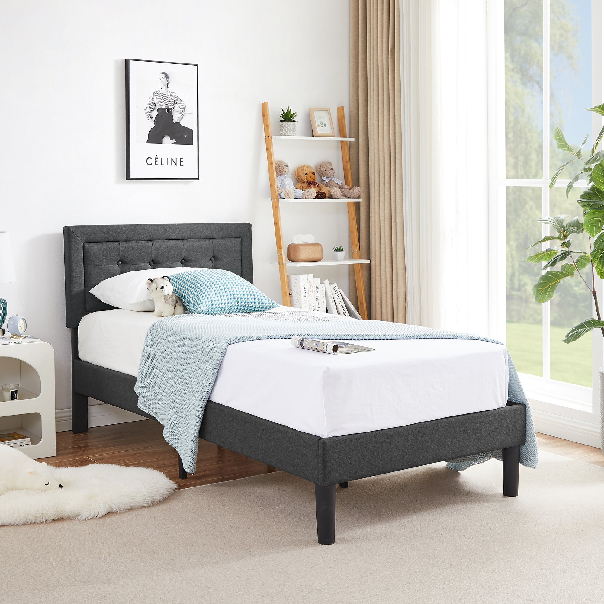 VECELO Twin Size Upholstered Bed Frame With Button Tufted Adjustable ...