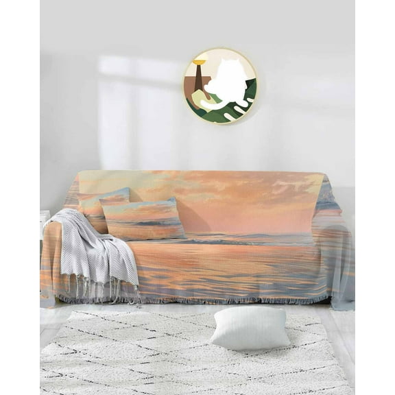 Ocean Seaside Sofa Covers for 3 Cushion Couch,Washable Sectional & L Shape Couch Covers for Dog/Cat/Kid,Sunset Sky Sea Wave Natural Scenery Non Slip Sofa Slipcover Tassel Futon Cover 71''x150''