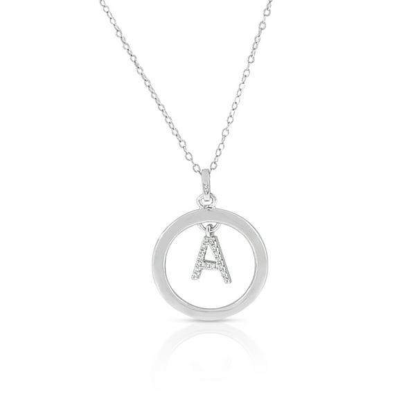 925 Sterling Silver White Clear CZ Circle Letter Initial Pendant Necklace, 18" - A