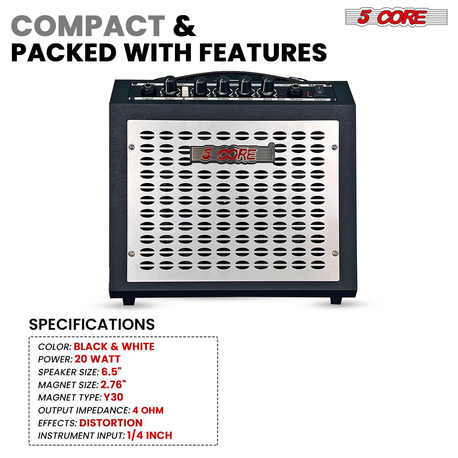 20W Portable Guitar Amplifier with 6.5" Speaker, AUX/Headphone Jacks & Adjustable EQ – Compact Amp for Electric Guitars and Bass